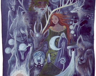 Small Art Print, The Silver Wheel, Goddess Art, Moon Goddess, Spiritual Art, Deer Goddess, Celtic Art, Nature, Forest, Labyrinth, Arianrhod