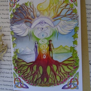 May include: Watercolor painting of a tree with a rainbow and a couple standing beneath it. The tree has a large trunk and many roots. The couple is standing on a small island in a lake. The painting is surrounded by a Celtic knot border. "World Tree" is written on a banner at the bottom of the painting.