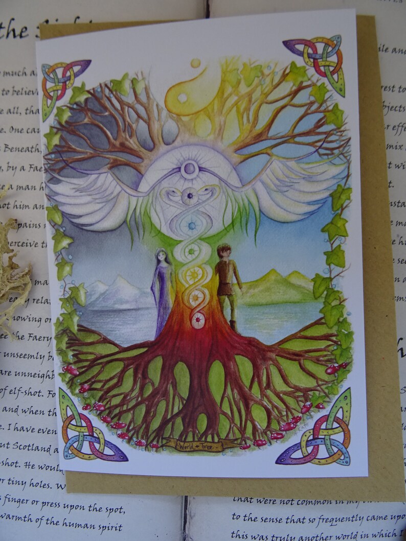 May include: Watercolor painting of a tree with a rainbow and a couple standing beneath it. The tree has a large trunk and many roots. The couple is standing on a small island in a lake. The painting is surrounded by a Celtic knot border. "World Tree" is written on a banner at the bottom of the painting.
