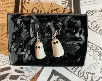 Scarborough Ghost Earrings: Polymer Clay with Black Onyx Eyes, Ghost Map