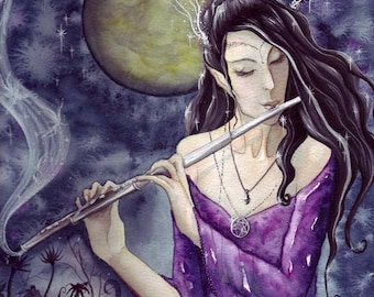 A4 Faerie Art Print, Enchanted Night, Fairy Art, Gothic, Magical, Fantasy, Elven, Moonlit, Healing, Spiritual, Flute, Night Music, Moon