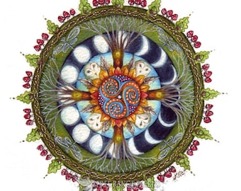 Wood Wide Web Square Art Print: Celtic Mandala, Owl, Moon Phase