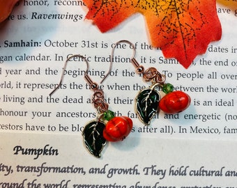 Pumpkin Earrings ~ Howlite Gemstone, Preciosa Crystal and Enamel Leaf Earrings, Halloween, Autumn Gift