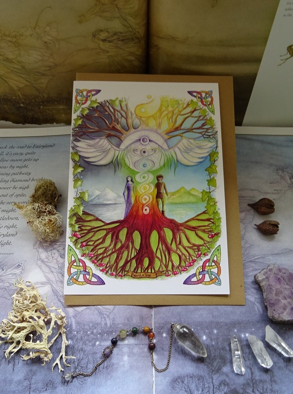 World Tree Greeting Card, Watercolor Celtic Art, Pagan Spiritual Card