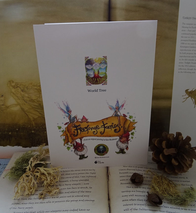 May include: A card with a whimsical illustration of fairies and gnomes surrounding a scroll with the text "Freelance Fairies" and a small image of a tree with the text "World Tree".