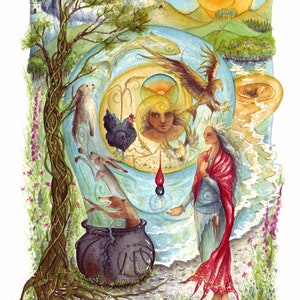 May include: A watercolor painting of a woman in a red robe standing in front of a cauldron. The cauldron is surrounded by animals, including a rabbit, a fox, and a chicken. The woman is holding a red drop of liquid in her hand. The painting is set against a background of a blue sky with clouds and a sun.