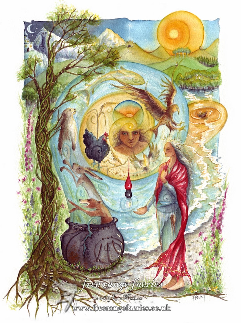 May include: A watercolor painting of a woman in a red robe standing in front of a cauldron. The cauldron is surrounded by animals, including a rabbit, a fox, and a chicken. The woman is holding a red drop of liquid in her hand. The painting is set against a background of a blue sky with clouds and a sun.