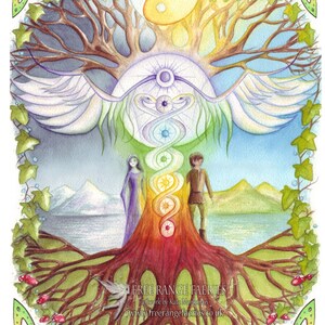 May include: A watercolor painting of a tree with a rainbow-colored trunk and roots. The tree has wings and a circle at the top with a yin-yang symbol. Two figures stand on either side of the tree. The text "FREE RANGE FAERIES" is at the bottom of the image.
