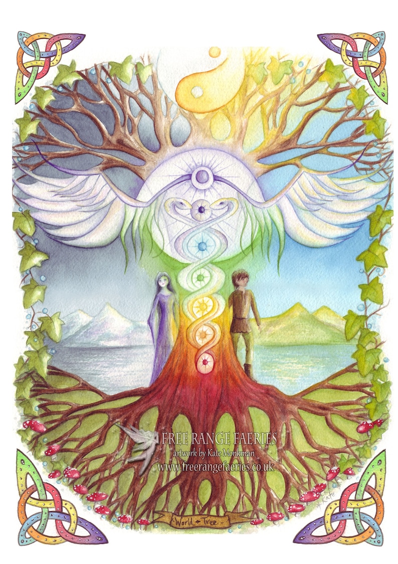 May include: A watercolor painting of a tree with a rainbow-colored trunk and roots. The tree has wings and a circle at the top with a yin-yang symbol. Two figures stand on either side of the tree. The text "FREE RANGE FAERIES" is at the bottom of the image.