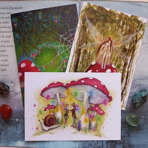 Forêt de champignons, jeu de cartes, 3 cartes de voeux, carte de fée, champignons, forêt, champignon vénéneux, nature, déesse Bridget, fée