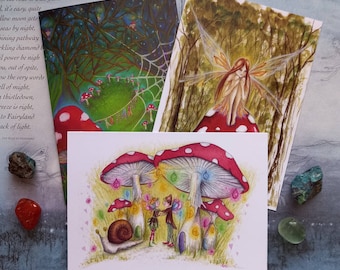 Mushroom Forest, Card Pack, 3 Greetings Cards, Fairy Card, Mushrooms, Woodland, Toadstool, Nature, Goddess Bridget, Faerie