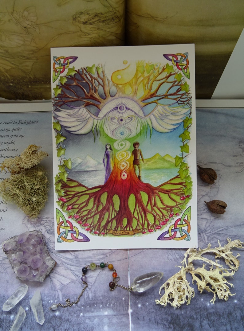May include: A watercolor painting of a tree of life with a rainbow of colors. The tree has roots and branches, and there are two figures standing on either side of the trunk. The text "World Tree" is written on a banner at the bottom of the image.