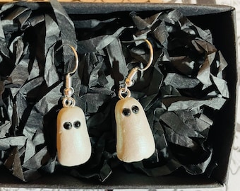 Ghost Earrings ~ The Scarborough Ghost Earrings with Ghost Map, Tiny Ghost, Black Onyx Gemstone