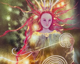 Elen of the Ways Art Print Hand Embellished with Gold Leaf,  Goddess Elen, Reindeer Goddess, Antlered Goddess, labyrinth, Pathweaver,
