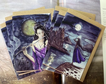 Smugglers Cove and Enchanted Night, Notelet Card Pack, Moonlight, Moon, Night Music, Flute, Mystical, Full Moon, Faerie art, Fairy art