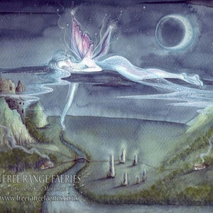 May include: A watercolour painting of a fairy with iridescent wings sleeping on a cloud above a landscape with a castle, a river, and a crescent moon in the sky. The painting is titled "Free Range Fairies" with the artist's name and website below.