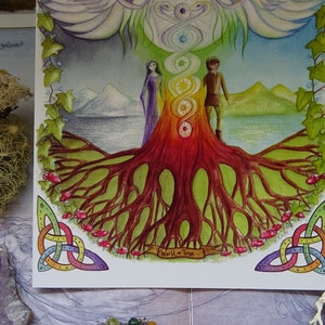 May include: A watercolor painting of a tree with a large, colorful trunk and roots. The tree is surrounded by a green landscape with mountains in the background. Two figures stand in front of the tree, a woman in a purple dress and a man in a brown tunic. The text "World + Tree" is written on a banner at the bottom of the painting.