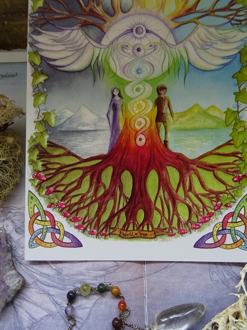 May include: A watercolor painting of a tree with a large, colorful trunk and roots. The tree is surrounded by a green landscape with mountains in the background. Two figures stand in front of the tree, a woman in a purple dress and a man in a brown tunic. The text "World + Tree" is written on a banner at the bottom of the painting.