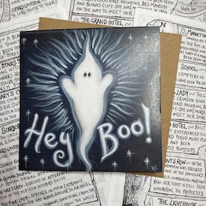 ¡Hola, Boo! Tarjeta de felicitación con fantasmas, fantasma lindo, tarjeta de felicitación en blanco, tarjeta cuadrada