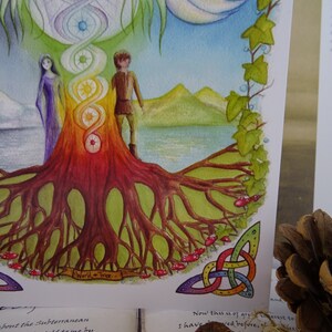May include: A watercolor painting of a tree with roots, a woman and a man standing on either side of the trunk. The tree is surrounded by a rainbow of colors and a white bird with wings spread out above. The text "World Tree" is written on a banner below the tree.