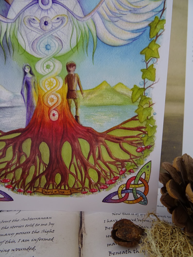 May include: A watercolor painting of a tree with roots, a woman and a man standing on either side of the trunk. The tree is surrounded by a rainbow of colors and a white bird with wings spread out above. The text "World Tree" is written on a banner below the tree.