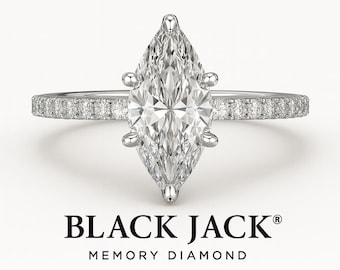 May include: A marquise-cut diamond ring with a pavé band. The ring features a large, clear diamond and is set in a silver band. The text "BLACK JACK", "MEMORY DIAMOND", and "0.50 CARATS" are displayed below the ring.
