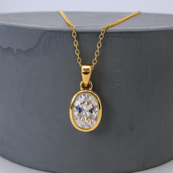 Oval Moissanite Memorial Necklace: Gold Bezel, Ashes/Hair Keepsake