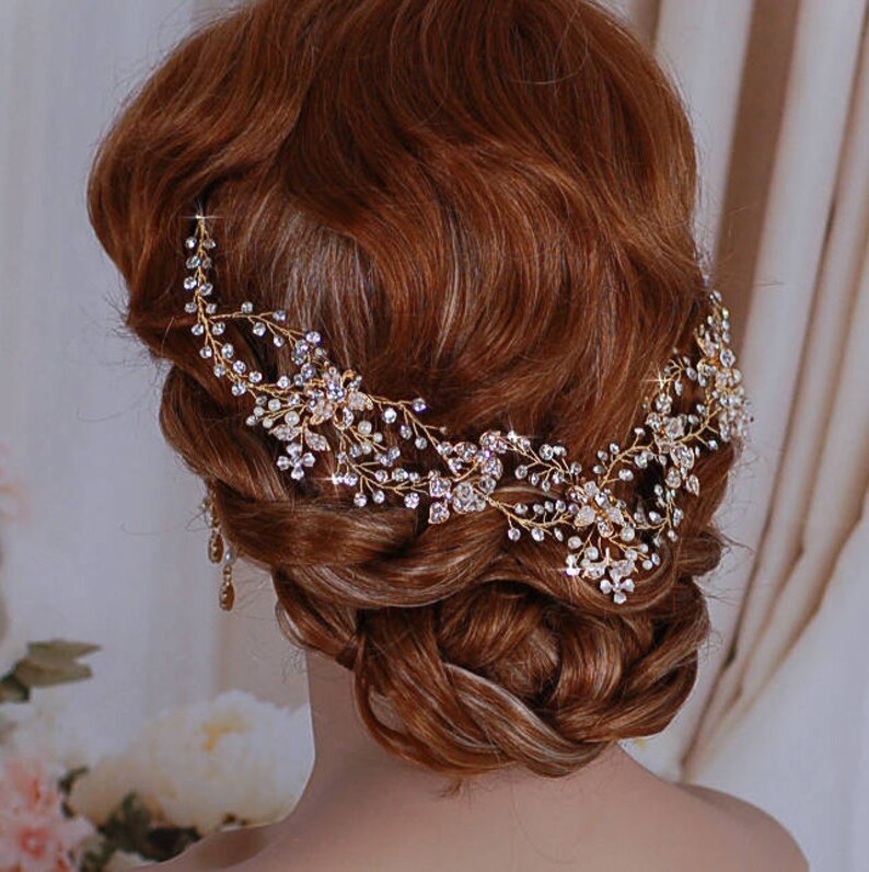 Champagne Blush Gold Bridal Vine Headpiece Hair Wreath Head Band Piece Accessory Headband Bride Wedding Brides Party Crystal Accessories