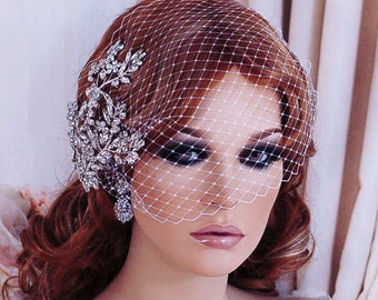 Wedding Headpiece, Bird Cage Veil, Bridal Birdcage Veil, Hair Comb, Crystal Hairpiece, Accessory Jewelry, Short Veil, Floral 1 Tier Blusher