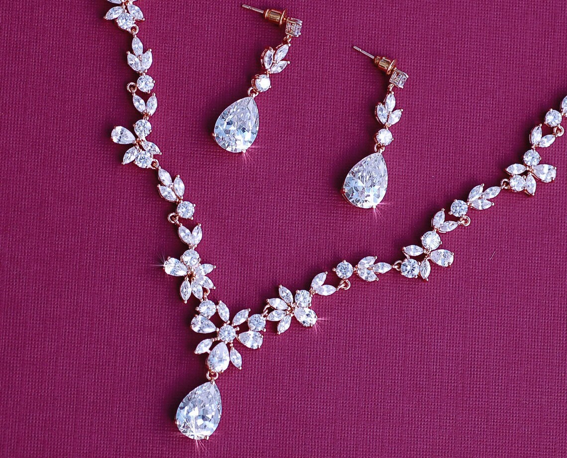 ROSE GOLD or Silver Bridal Necklace Earrings Set Wedding Etsy