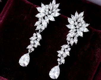 Long Silver Bridal Earrings Vintage Chandelier Party Event Engagement Drop Weddings Jewelry Pageant Statement Prom Dangle Gift Earrings