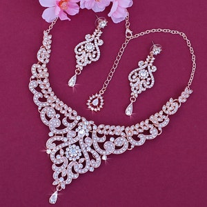 Rose Gold Necklace Earrings Set Bridal Jewelry Set Gold Silver Party Jewelry Matching Weddings Bride Accessory Wedding Drop Earrings Gift