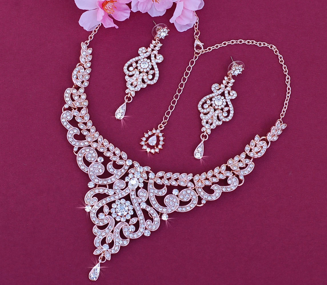 ROSE GOLD Necklace Rose Gold Earrings Bridal Jewelry Set - Etsy