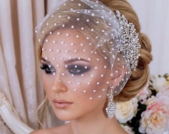 Polka Dot Veil Bridal Bird Cage Wedding Bachelorette Blusher Accessory White Ivory Short Bride 1 Tier Headpiece Head Hair Piece Weddings