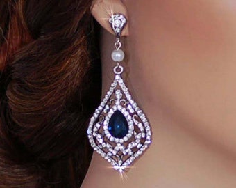 Blue Sapphire Bride Earrings Party Bridal Dangle Earrings Wedding Accessories Accessory Jewelry Drop Bridal Crystal Earrings 109