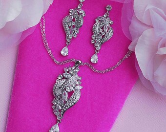 CZ Crystal Earrings Pendant Set Pageant Zircon Bridal Prom Party Bride Accessories Weddings Wedding Accessory Gift Necklace Jewelry 012s