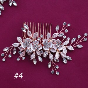 May include: Rose gold hair comb with floral and leaf detailing, embellished with clear crystals. The comb features three flower designs and is set against a deep burgundy background. The number "#4" is visible in the lower left corner.