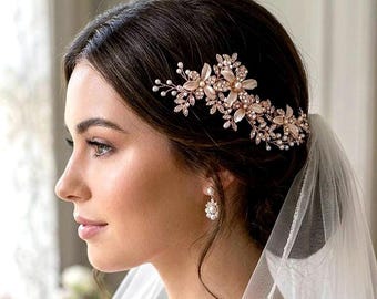 Floral Gold Bridal Headpiece Opal Hair Comb Gift Accessory Champagne Wedding Bride Accessory Jewelry Brides Party Event Hairpiece Head Piece