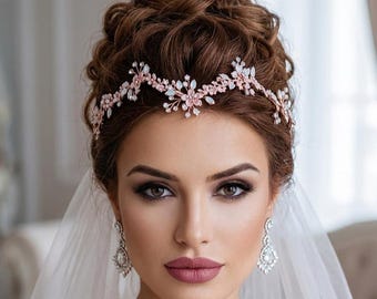 Rose Gold Brides Headpiece Bridal Hair Vine Wreath Head Piece Opal Floral Weddings Bride Wedding Party Jewelry Party Event Gift Accessories
