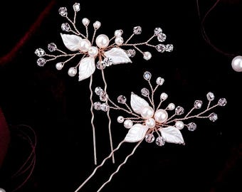 Rose Gold Bridal Hair Pins Floral Pearl Headpiece Pin Accessories Crystal Bride Wedding Accessory Jewelry Party Event Weddings Brides Gift