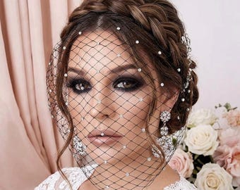 Black Birdcage Veil on the Headband Rhinestone Bird Cage Bridal Party Gothic Masquerade Funeral Fascinator Wedding Weddings Short Blusher