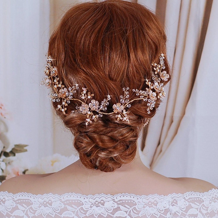 Gold Floral Hair Vine Floral Pearl Bridal Headpiece Party  display picture 1