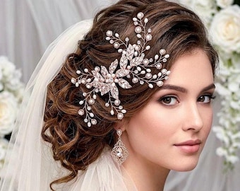 Pearl Rose Gold Bridal Head Piece Hair Comb Floral Hairpiece Party Event Headpiece Accessory Weddings Brides Wedding Gift Jewelry