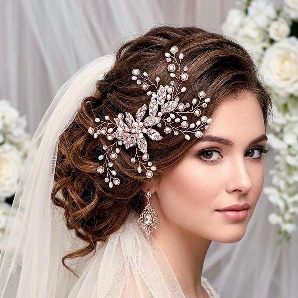 Pearl Rose Gold Bridal Head Piece Hair Comb Floral Hairpiece Party Event Headpiece Accessory Weddings Brides Wedding Gift Jewelry
