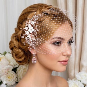 May include: A bridal hair accessory featuring a floral and crystal hair comb, a delicate birdcage veil, and teardrop earrings. The hair comb has white flowers and sparkling crystals. The earrings are a light pink colour.