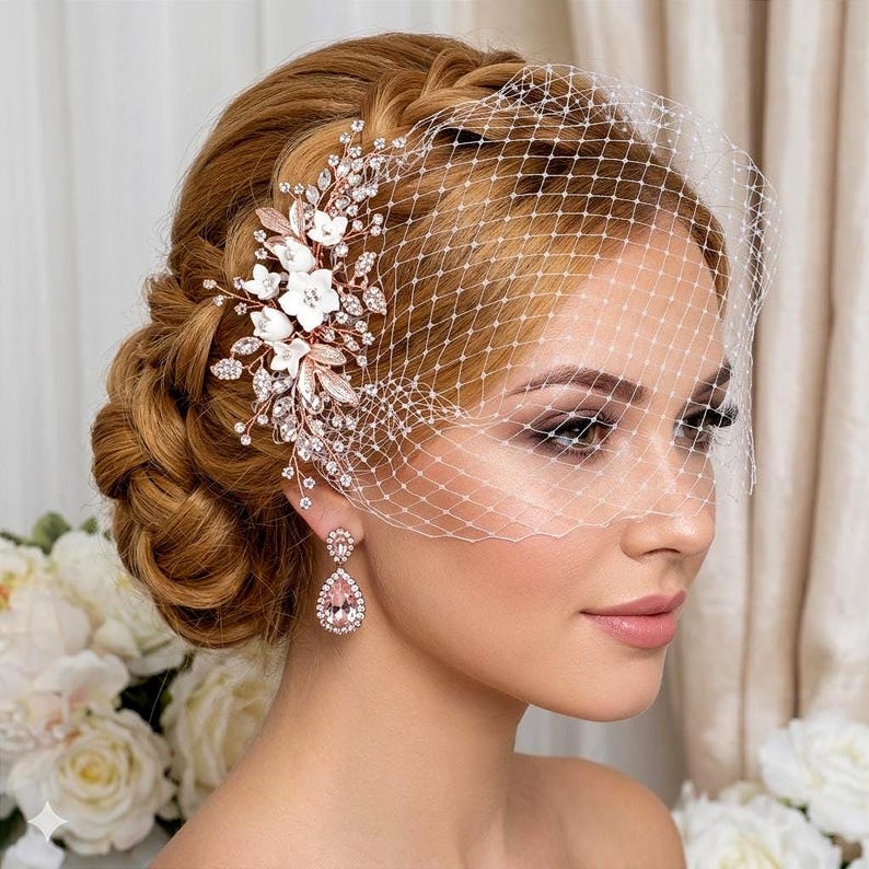 May include: A bridal hair accessory featuring a floral and crystal hair comb, a delicate birdcage veil, and teardrop earrings. The hair comb has white flowers and sparkling crystals. The earrings are a light pink colour.