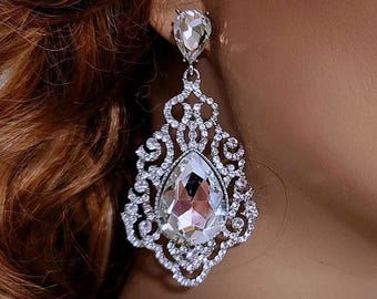 Bridal Chandelier Earrings, Silver Bridal Earrings, Bridal Drop Wedding Jewelry Crystal Earrings Dangle Party Weddings Pageant Brides Gift