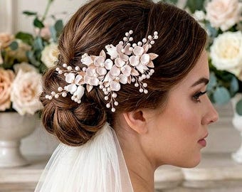 Champagne Bridal Hair Clip Pearl Floral Headpiece Gold Head Piece Wedding Jewelry Weddings Party Event Anniversary Bride Brides Gift