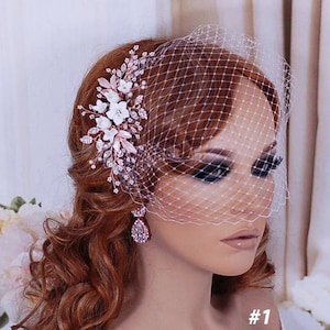Bridal Birdcage Veil Wedding Bird Cage Veils Hair Hairpiece Floral Rose Gold Accessory Jewelry Headpiece Head Piece Short Blusher Comb Clip