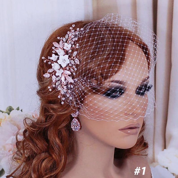 Bridal Birdcage Veil Wedding Bird Cage Veils Hair Hairpiece Floral Rose Gold Accessory Jewelry Headpiece Head Piece Short Blusher Comb Clip